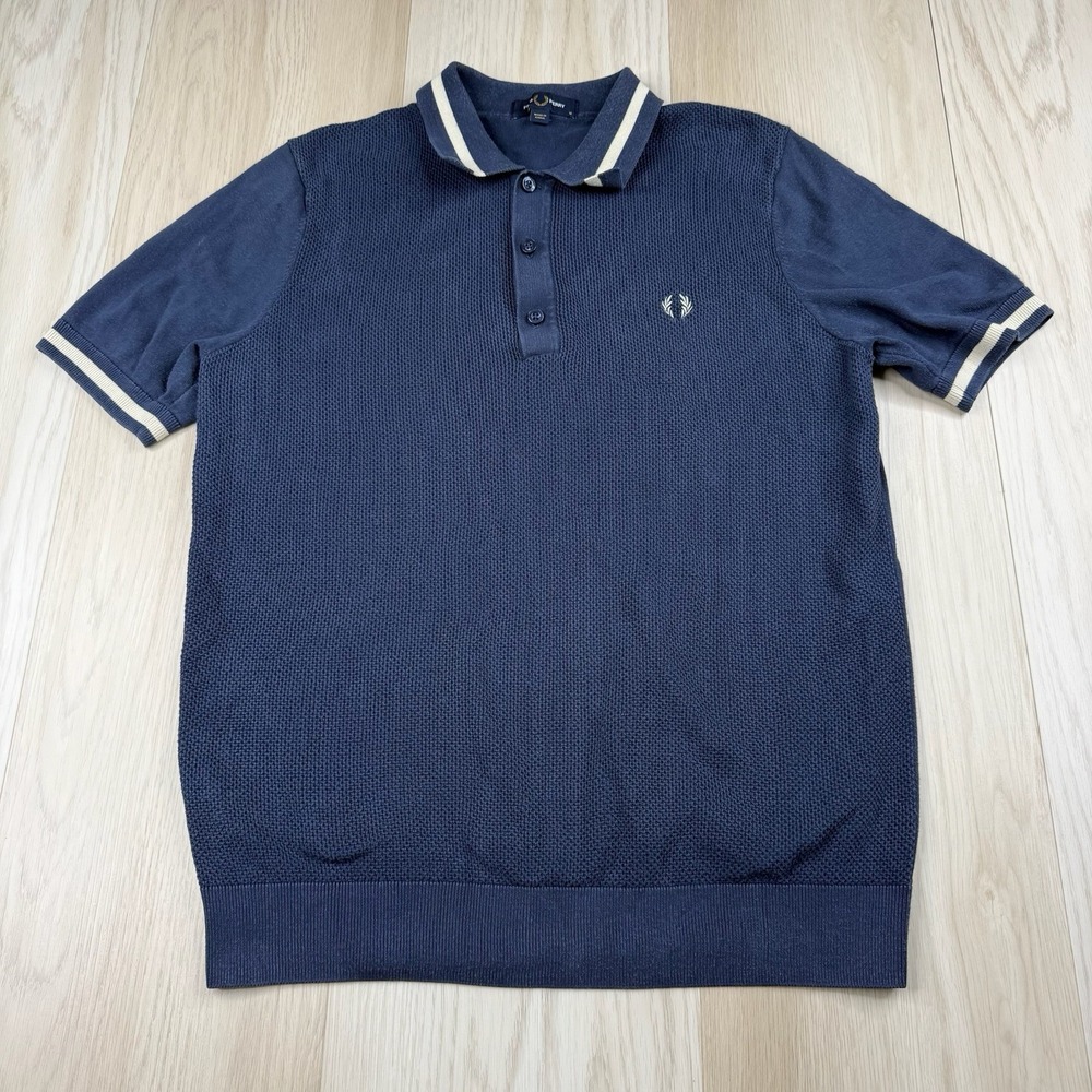 Fred Perry Pique Short Sleeve Knit Polo Shirt Tipped Mens Size M Medium Navy